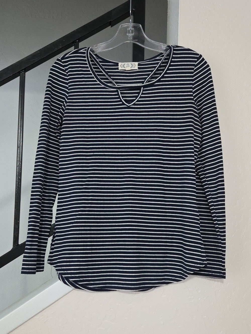 Pink Rose Navy & White Striped Long-Sleeve V-Notch Top Size S